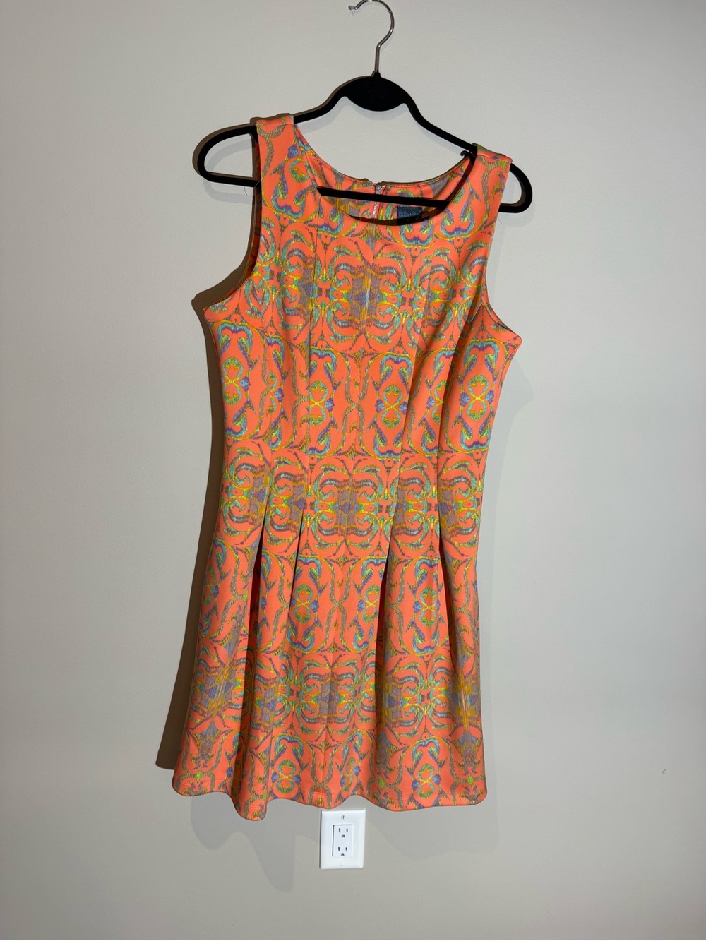 Gabby Skye Coral Orange Patterned Sleeveless Fit-and-Flare Dress